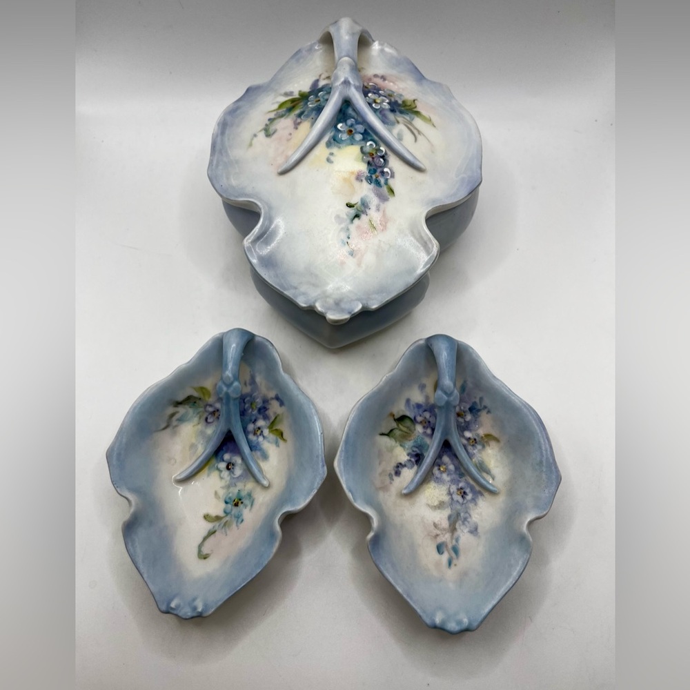 Vintage Porcelain Bisque Floral Art Nouveau Trinket Box & Small Leaf Dishes Set
